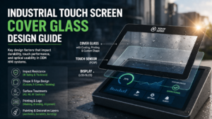 industrial touch screen cover glass structure showing thickness, coating, printing and PCAP touch integration