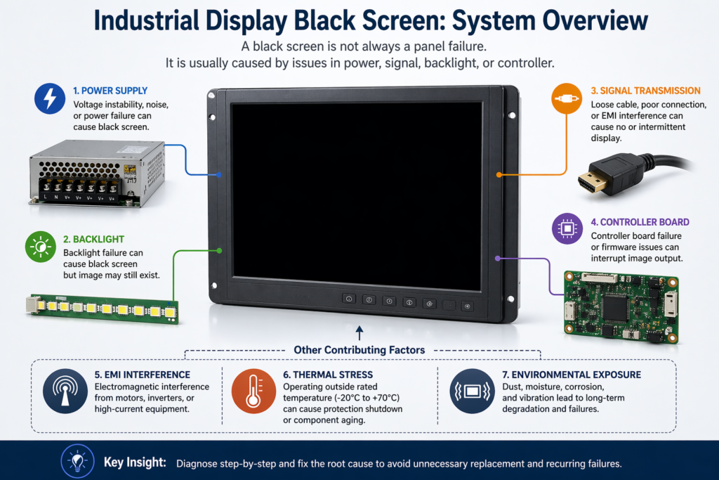 industrial display black screen causes diagram showing power supply signal cable backlight and controller board