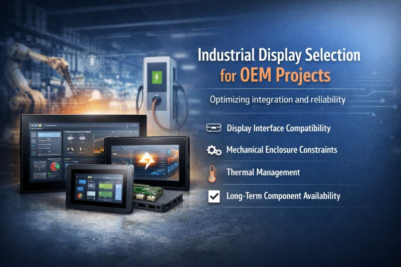industrial display for OEM projects showing rugged touchscreen panels in factory automation environment with interface and integration concepts