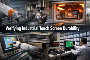 Industrial touch screen durability testing including impact test, touch cycle test, environmental chamber, and EMI validation