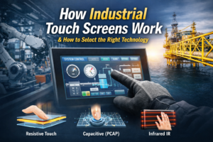 industrial touch screen interface showing glove operation in factory environment with comparison of resistive, capacitive PCAP, and infrared touch technologies