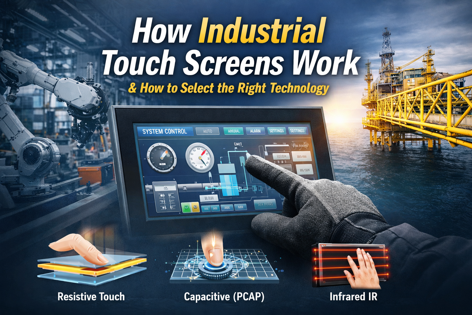 industrial touch screen interface showing glove operation in factory environment with comparison of resistive, capacitive PCAP, and infrared touch technologies