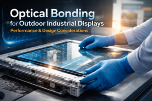 Technician applying optical bonding to industrial touch display to improve outdoor readability and reliability