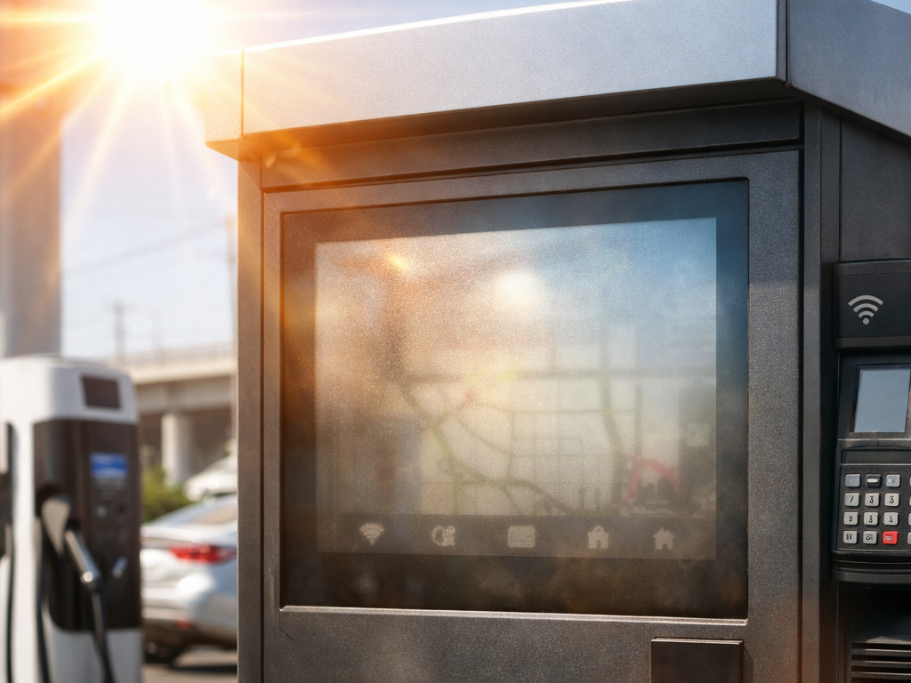 outdoor industrial display overheating in direct sunlight kiosk screen glare high temperature