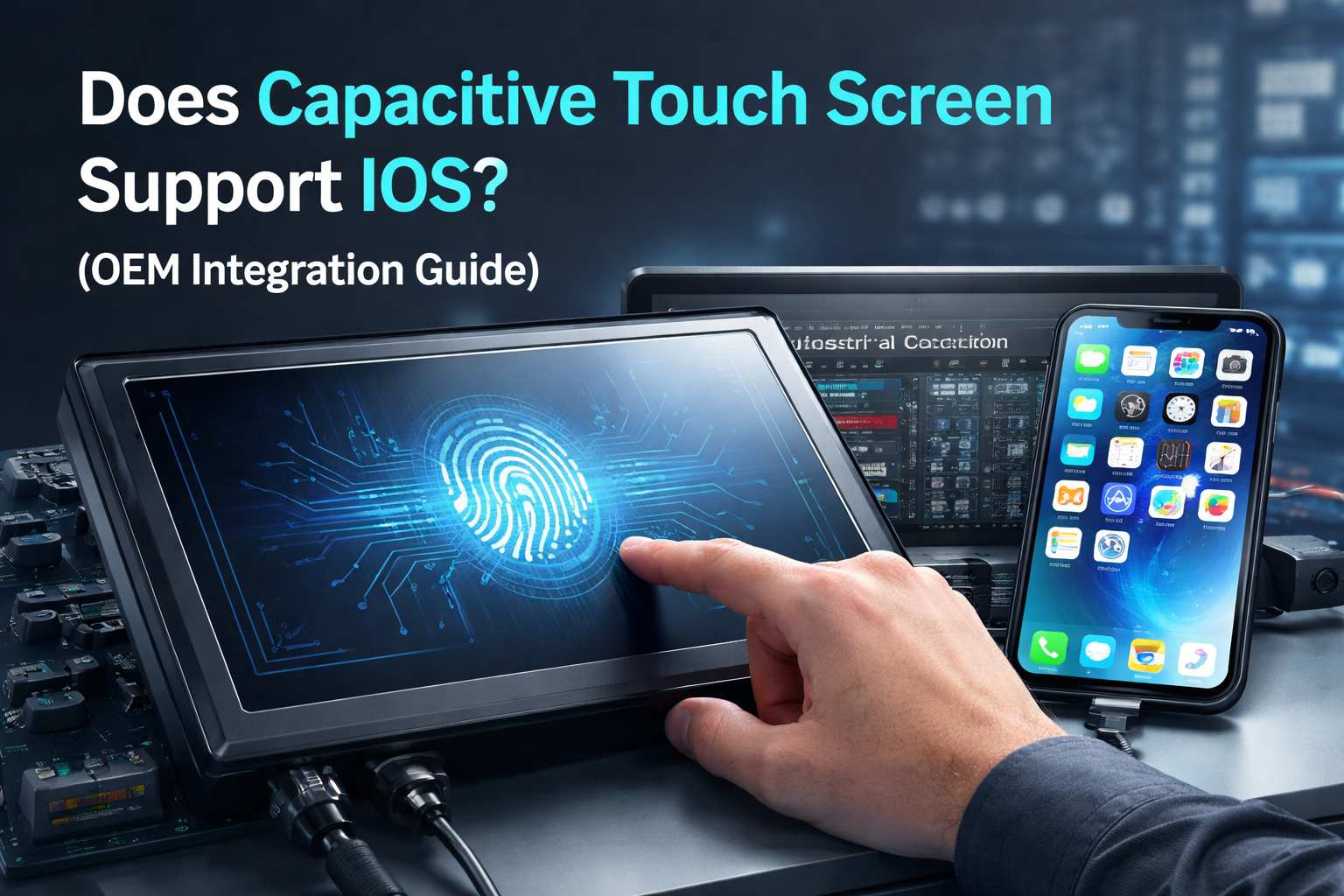 capacitive touch screen connected to iOS system showing USB HID touch controller compatibility in OEM integration setup