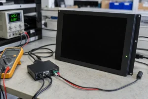 Écran noir d'affichage industriel relié à un équipement de test d'alimentation et de signal