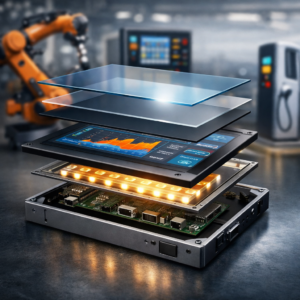 Exploded view of industrial display structure showing LCD panel, touch layer, optical bonding, and backlight components used in OEM systems