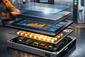 Exploded view of industrial display structure showing LCD panel, touch layer, optical bonding, and backlight components used in OEM systems