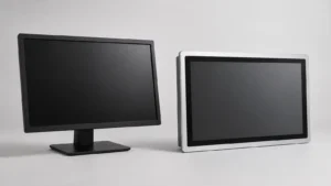 Industrial display vs commercial monitor showing differences in mounting structure and enclosure design