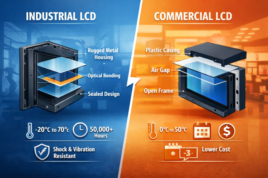 industrial LCD vs commercial LCD comparison diagram showing structure durability and lifecycle differences