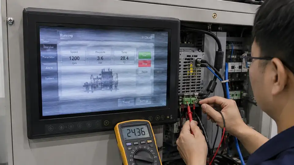 Technician diagnosing industrial monitor flickering in an automation control cabinet