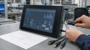 Engineer checking an open-frame industrial display monitor against an OEM mechanical drawing before sampling