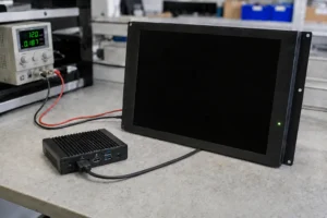 Powered industrial monitor showing a black screen during bench diagnosis