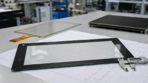 Custom industrial touch screen cover glass on an engineering drawing