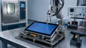 Industrial touch screen durability testing with automated touch fixture, environmental chamber and ESD test equipment