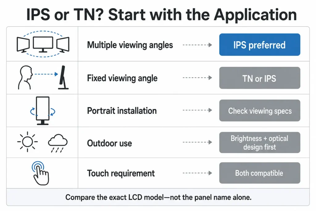 IPS or TN industrial display selection matrix by viewing angle outdoor use and touch requirement
