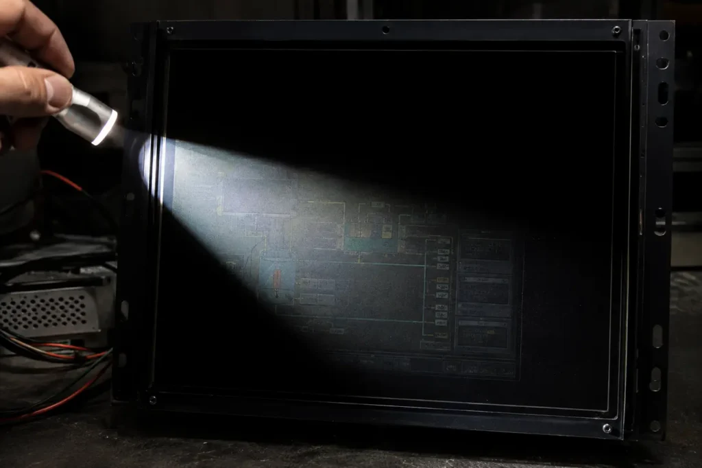 Flashlight test revealing a faint image on an industrial LCD with no backlight