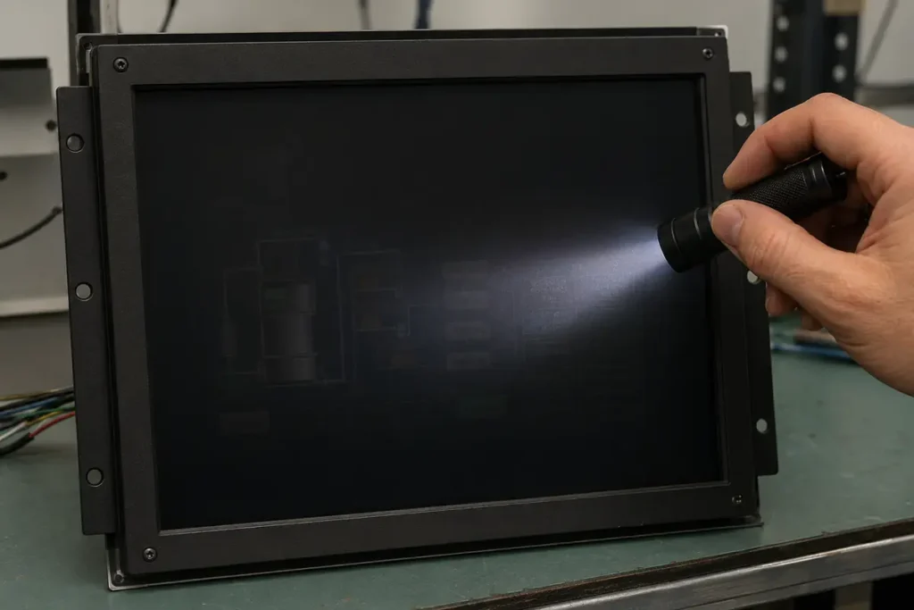 Test con torcia che rivela un'immagine sfocata su uno schermo LCD industriale con guasto alla retroilluminazione