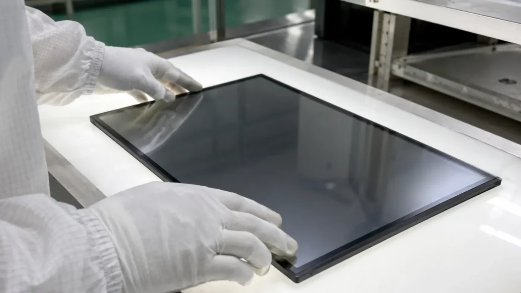 Completed optically bonded industrial touch display undergoing cleanroom inspection