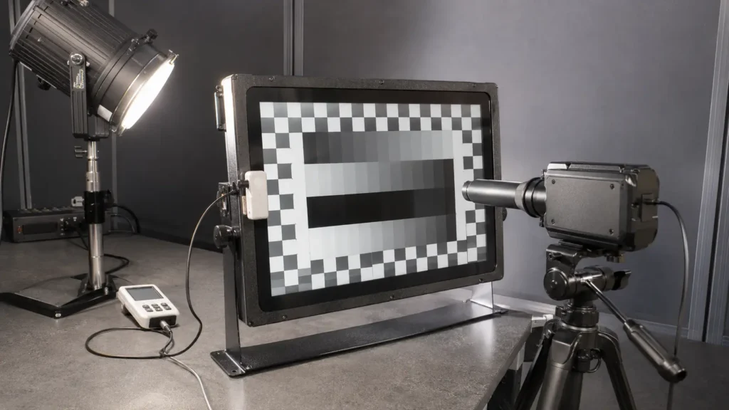 Outdoor industrial display tested with a screen-plane illuminance sensor and tripod-mounted luminance meter