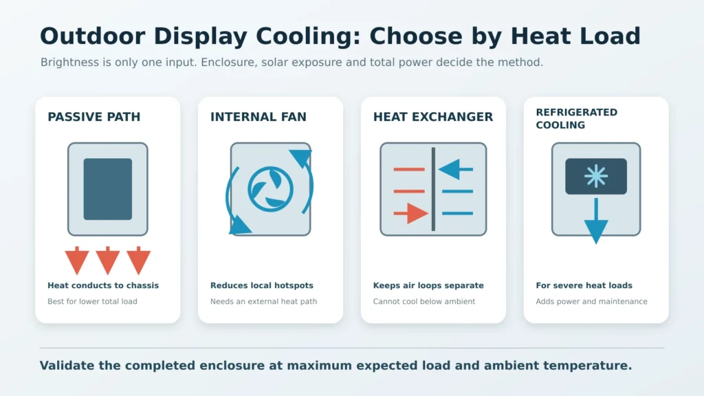 Cooling methods for outdoor industrial displays in sealed enclosures