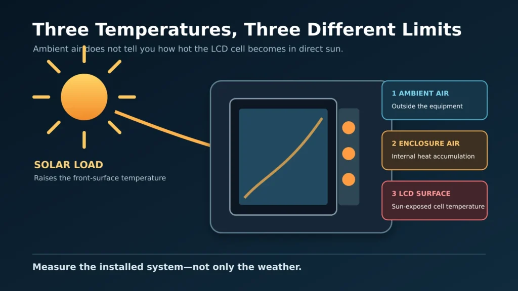 Ambient, enclosure and LCD surface temperatures in an outdoor industrial display
