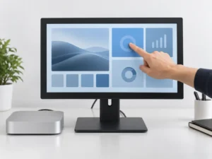 Illustration of an external touch monitor beside a compact Mac-style desktop computer