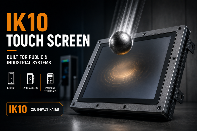 IK10 touch screen designed for kiosks, EV chargers, and public industrial systems with 20J impact resistance