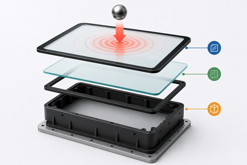 Exploded view of an IK10 touch screen structure showing cover glass, bonding layer, enclosure support, and impact energy distribution