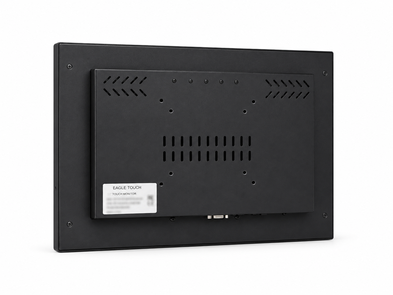 VESA mount industrial touch monitor rear view for arm mounted terminal installation