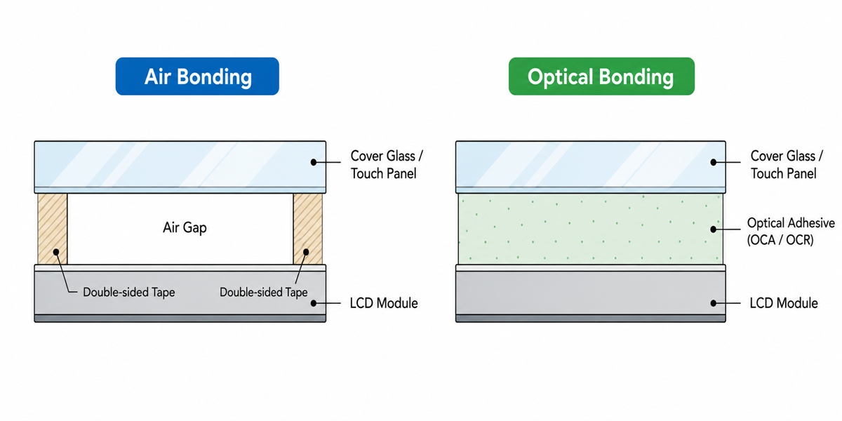 Air bonding and optical bonding structure for touch screen assemblies