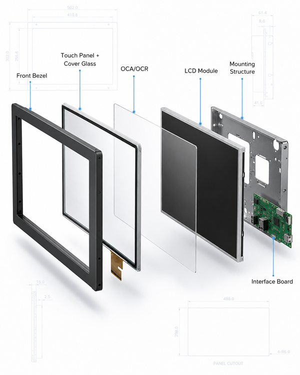 Custom industrial touch monitor exploded view showing front bezel, touch panel with cover glass, OCA/OCR bonding, LCD module, mounting structure and interface board