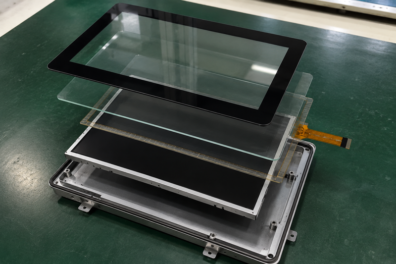 IK10 touch screen structure with cover glass bonding enclosure support and mounting design