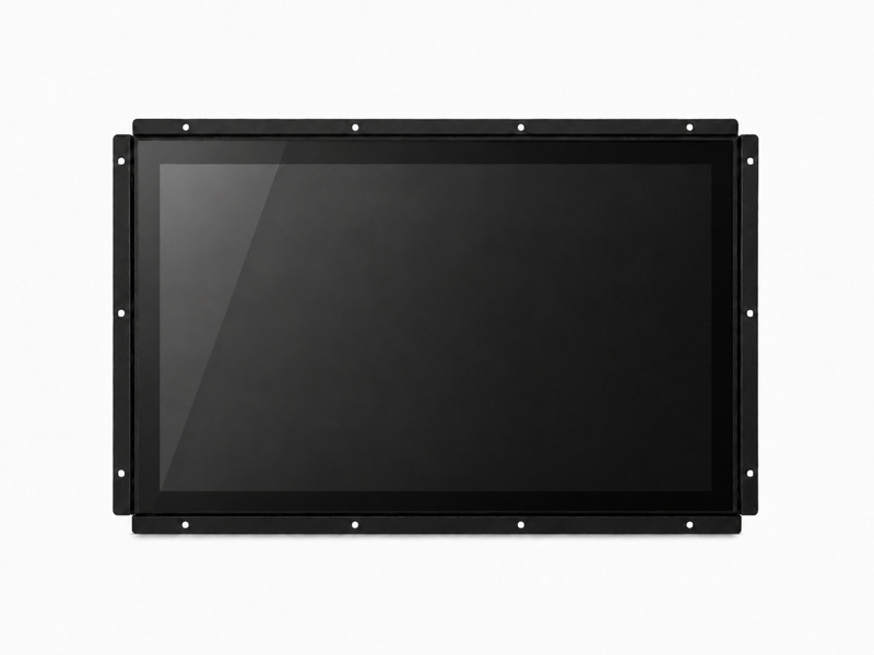Industrial touch monitor with open-frame black mounting structure and front touch glass