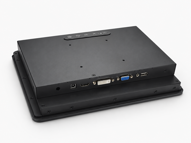 工业级触摸显示器背面接口，配备HDMI、VGA、DVI、USB触摸接口及电源接口，适用于IPC集成