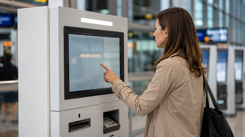Open frame touch monitor integrated into a self-service kiosk terminal