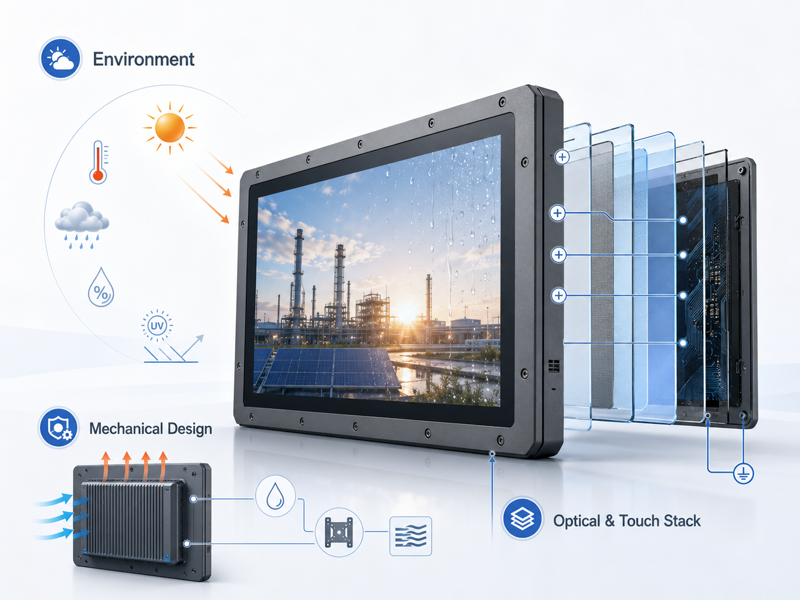 Sunlight readable outdoor industrial monitor with thermal design, environmental protection, and optical touch stack