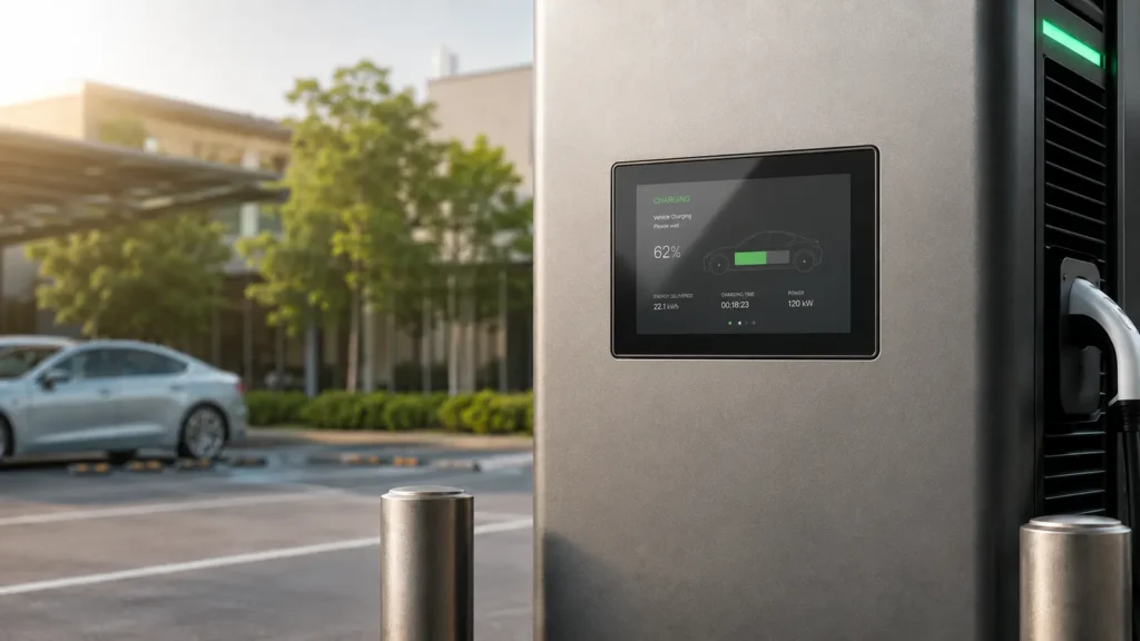 Open frame IK10 touch display integrated into an outdoor EV charging terminal