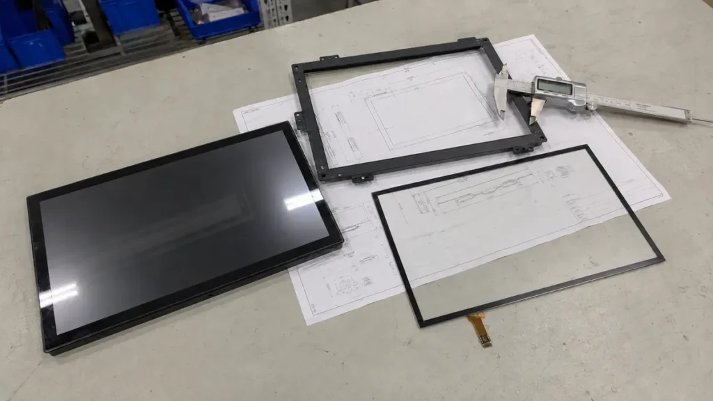 Custom PCAP touch screen, LCD display and metal mounting frame during OEM engineering review