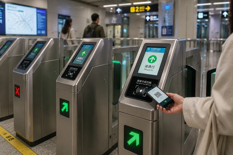 Industrial display integrated into a subway fare gate for ticket validation and passenger access control