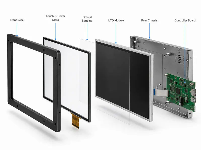 Exploded view of an industrial display monitor with touch glass, optical bonding, LCD module, rear chassis and controller board