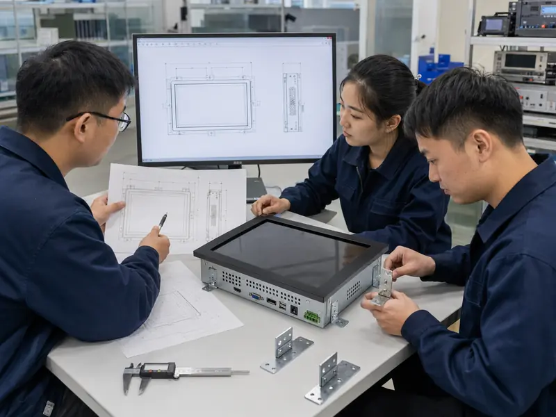 Engineering review of an industrial display monitor, mounting brackets and mechanical drawings before sampling