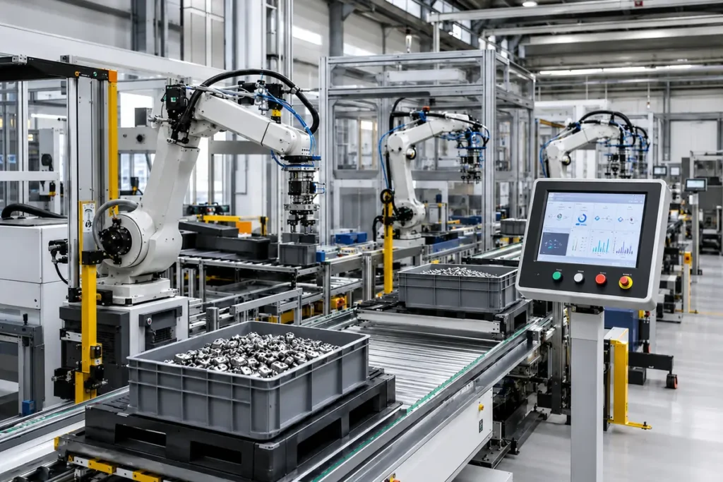 Industrial touch monitor used in robotics and material handling systems with robotic arms and conveyor lines