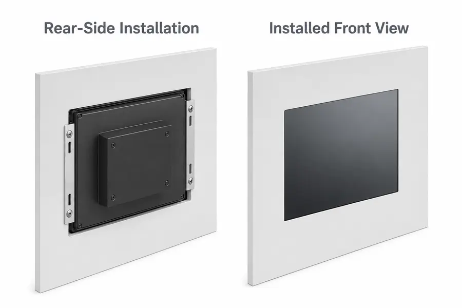 Open frame monitor rear-side installation and installed front view
