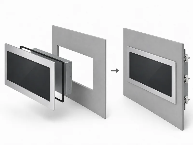 Panel mount touch monitor installed through a machine panel cutout and secured from the rear