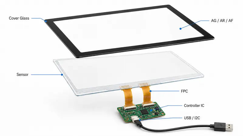 PCAP touch screen solution with cover glass sensor FPC controller IC and USB I2C interface