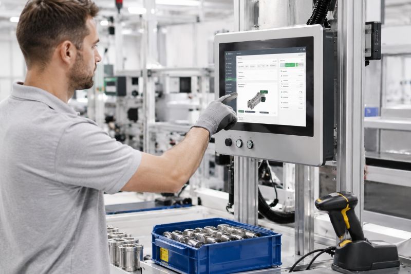Industrial touch display used as a production line MES terminal for work instructions and production reporting