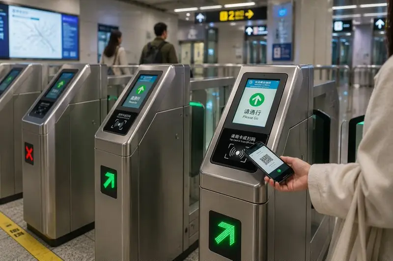 Industrial display integrated into a subway fare gate for ticket validation and passenger access control