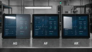 Untreated glass compared with AG, AF and AR treatments on industrial touch displays