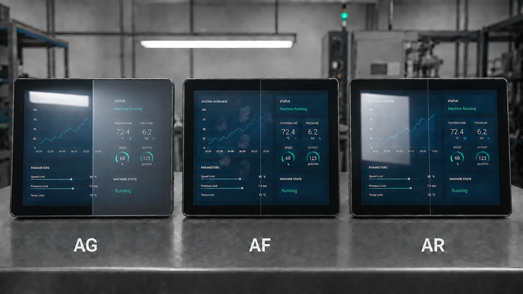 Comparaison entre le verre non traité et les traitements AG, AF et AR sur les écrans tactiles industriels